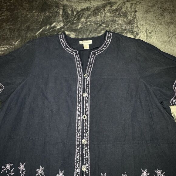 DressBarn Sz 24W SILK LINEN Blend Embroidered Short Sleeve Blouse Top Charcoal - Picture 6 of 14